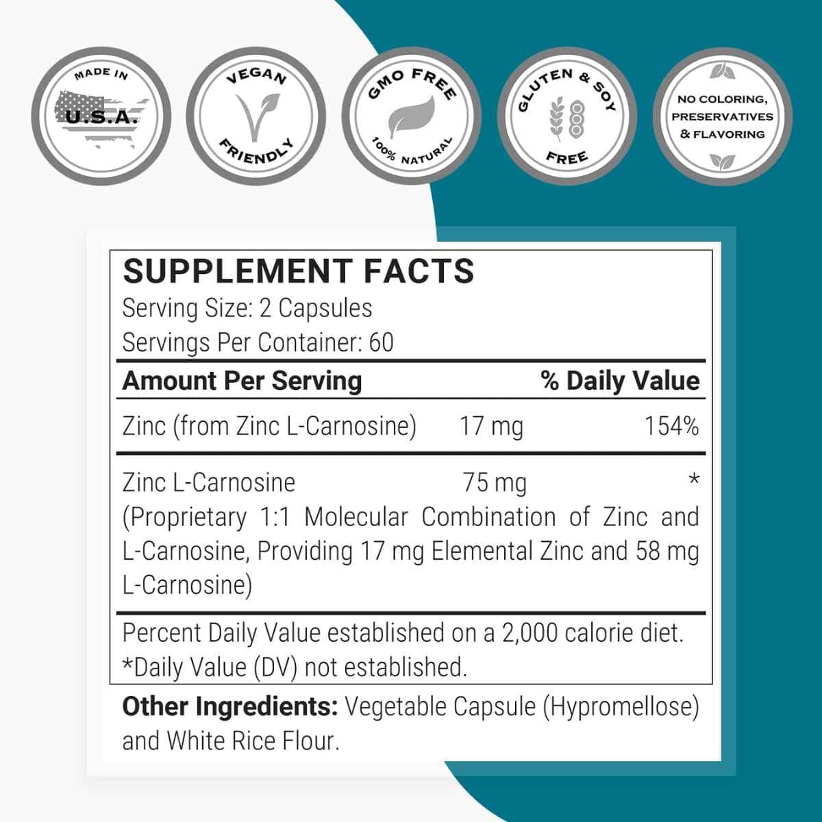 Tabla nutricional del suplemento SuperSmart Zinc L-Carnosine 75 mg 120 cápsulas