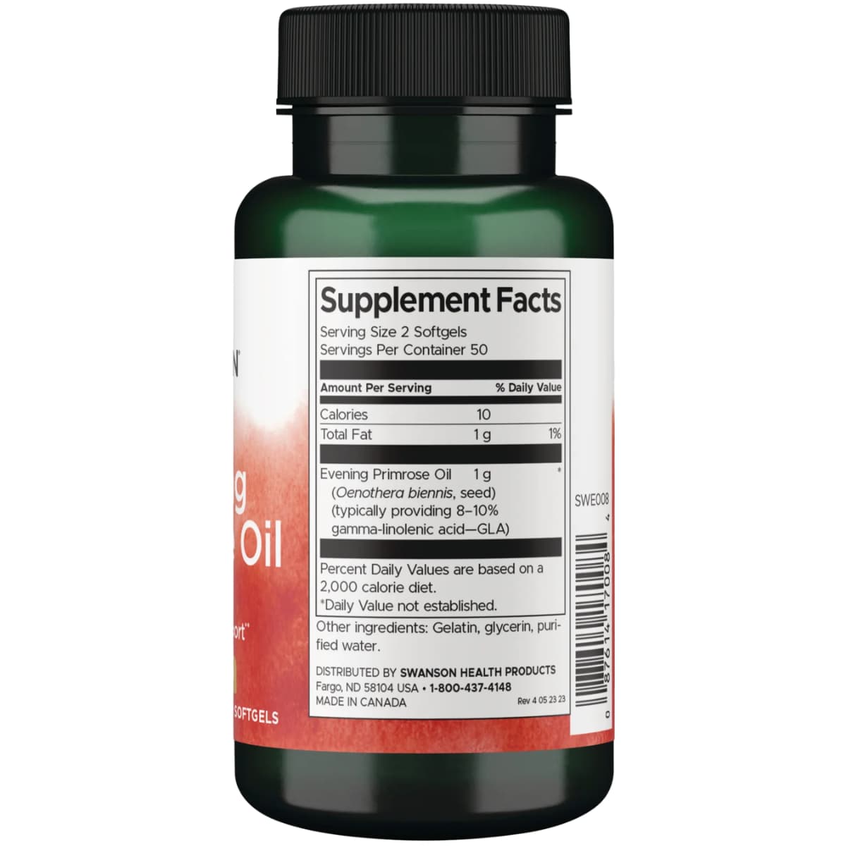 Tabla nutricional del suplemento Swanson Aceite de Onagra 500 mg 100 cápsulas blandas