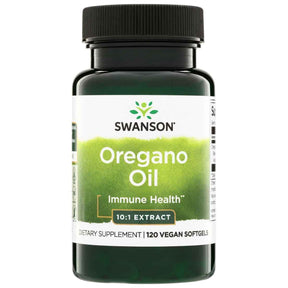 Frasco de Swanson Aceite de Orégano 150 mg con 120 cápsulas blandas veganas para apoyo inmunológico.