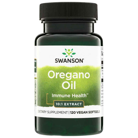 Frasco de Swanson Aceite de Orégano 150 mg con 120 cápsulas blandas veganas para apoyo inmunológico.