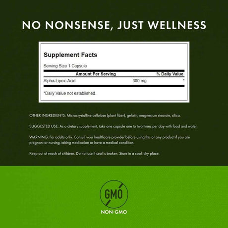 Tabla nutricional del suplemento Swanson Ácido Alfa Lipoico 300 mg 120 cápsulas