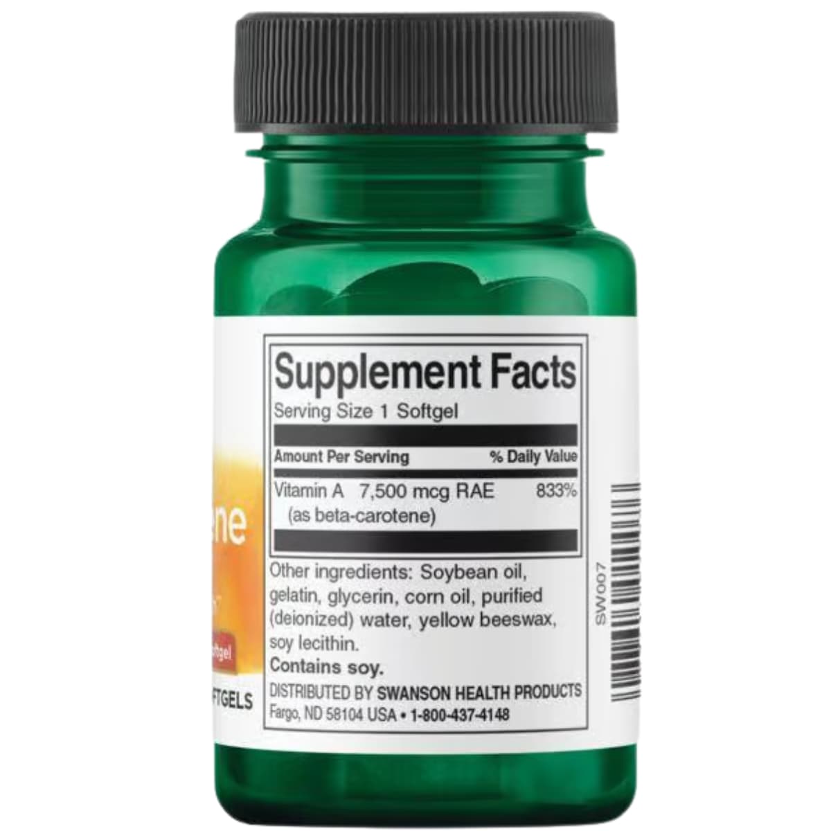 Tabla nutricional del suplemento Swanson Betacaroteno 100 cápsulas blandas