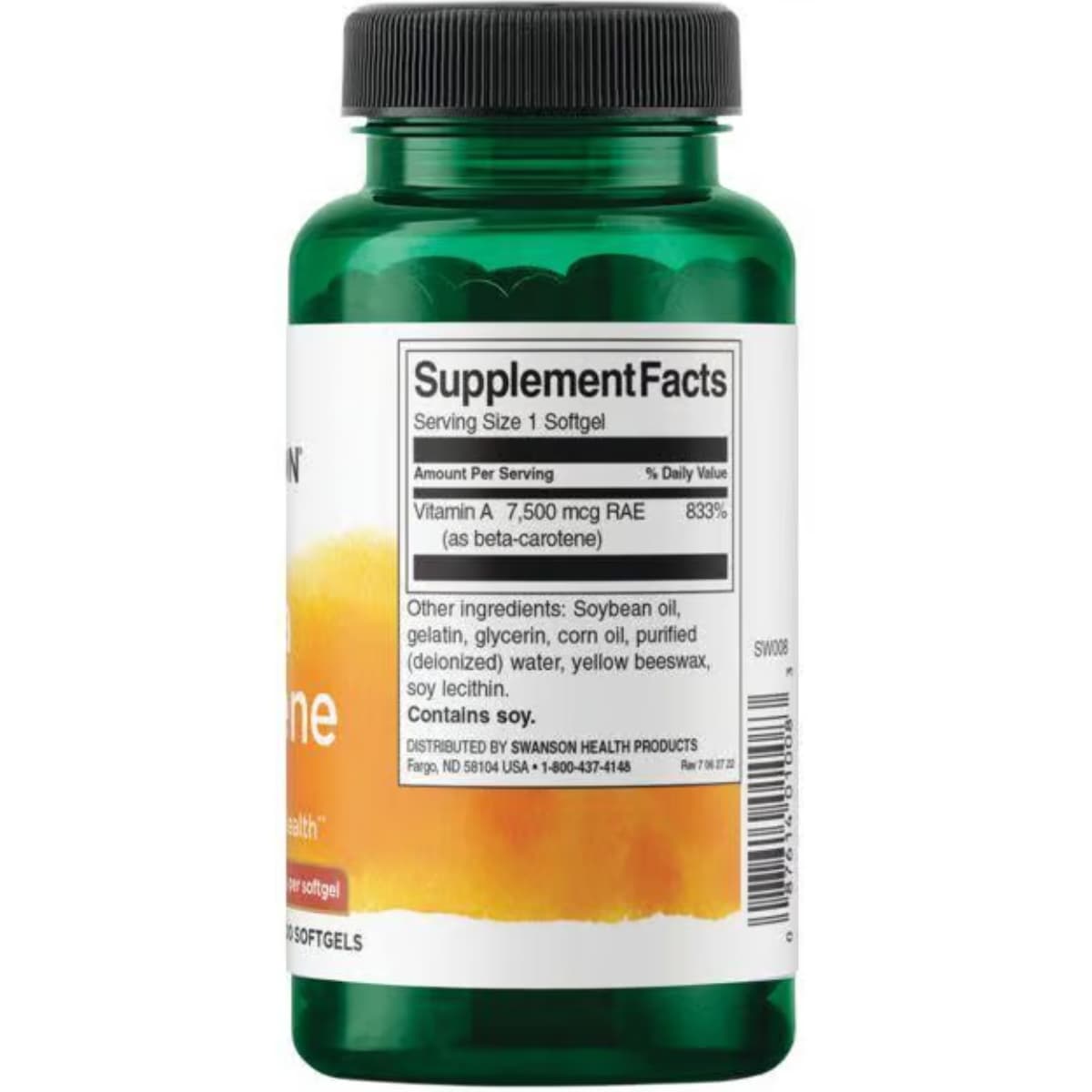 Tabla nutricional del suplemento Swanson Betacaroteno 300 cápsulas blandas