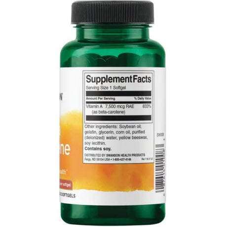 Tabla nutricional del suplemento Swanson Betacaroteno 300 cápsulas blandas