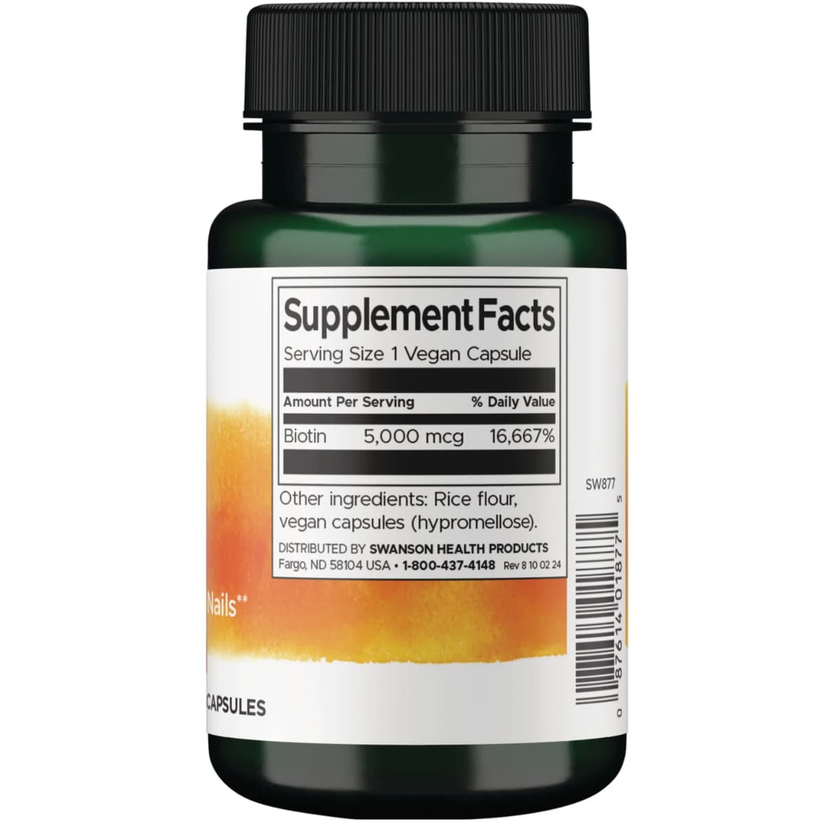 Tabla nutricional del suplemento Swanson Biotina 5000 mcg 100 cápsulas