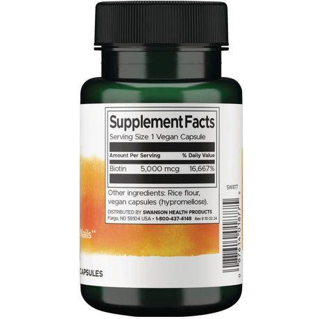 Tabla nutricional del suplemento Swanson Biotina 5000 mcg 100 cápsulas