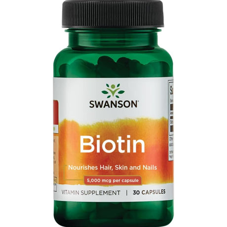 Frasco de suplemento Swanson Biotina 5000 mcg 30 cápsulas