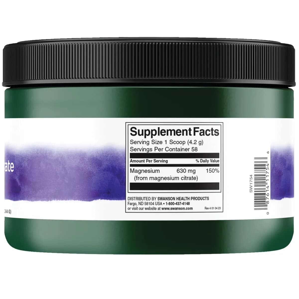 Tabla nutricional del suplemento Swanson Citrato de Magnesio 630 mg 244 g polvo