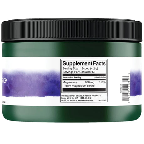 Tabla nutricional del suplemento Swanson Citrato de Magnesio 630 mg 244 g polvo