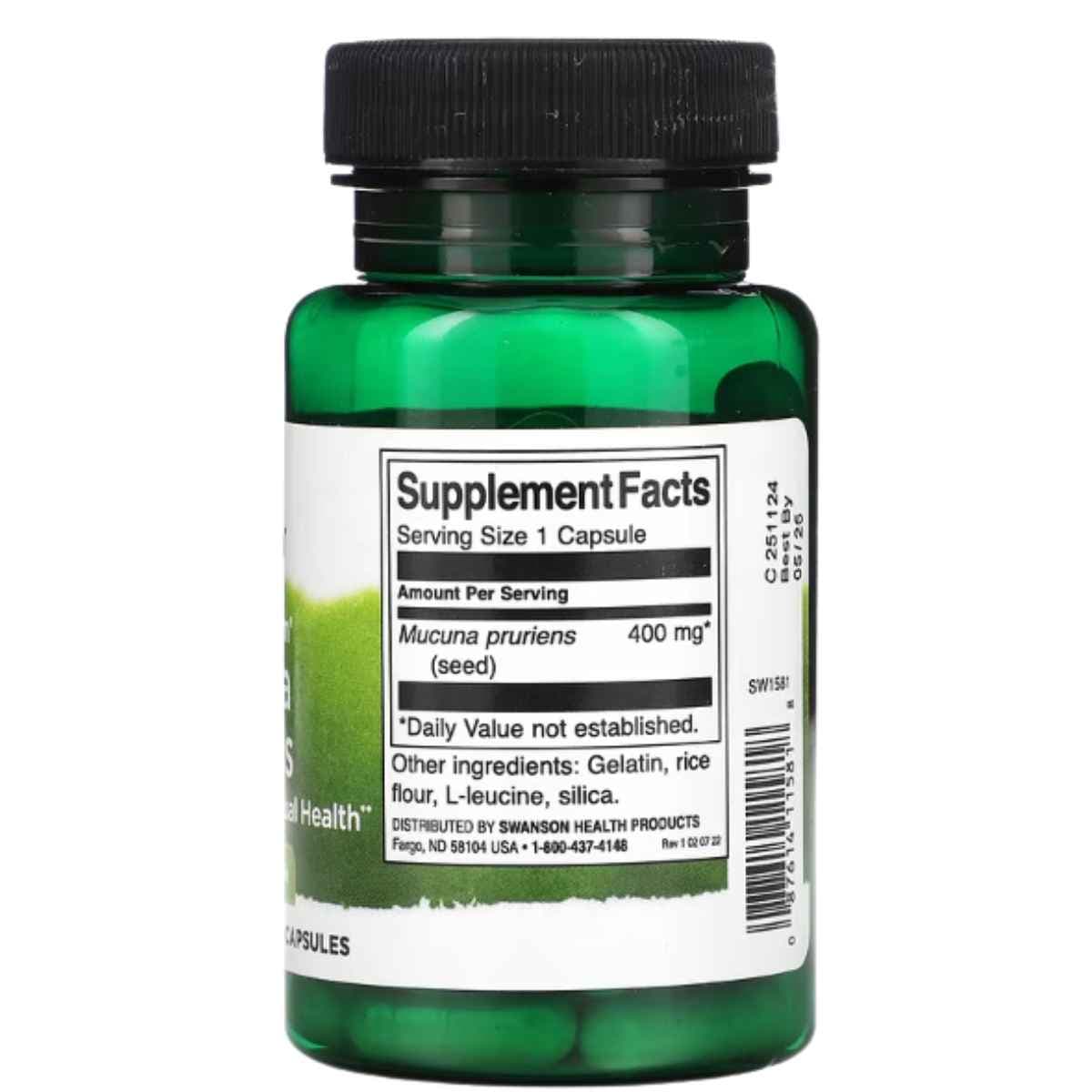 Tabla nutricional del suplemento Swanson Full Spectrum Mucuna Pruriens 60 cápsulas