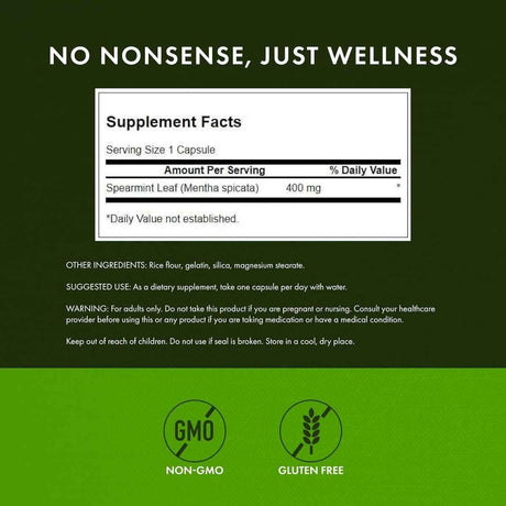 Tabla nutricional del suplemento Swanson Hoja de Hierbabuena (Spearmint) 400 mg - 60 Cápsulas