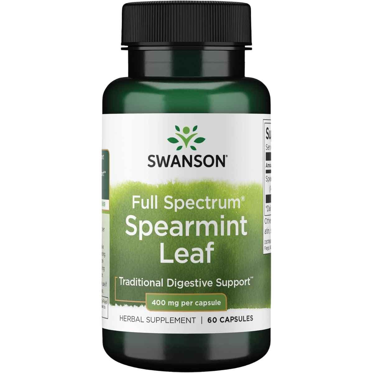 Frasco de suplemento Swanson Hoja de Hierbabuena (Spearmint) 400 mg - 60 Cápsulas