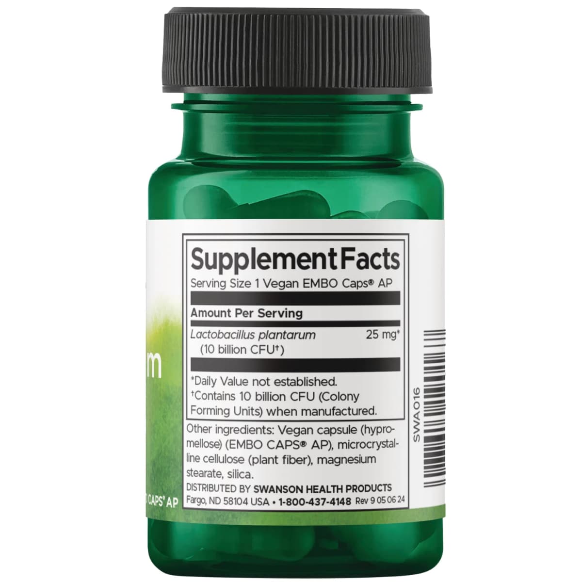Tabla nutricional del suplemento Swanson Lactobacillus plantarum 30 cápsulas veganas AP