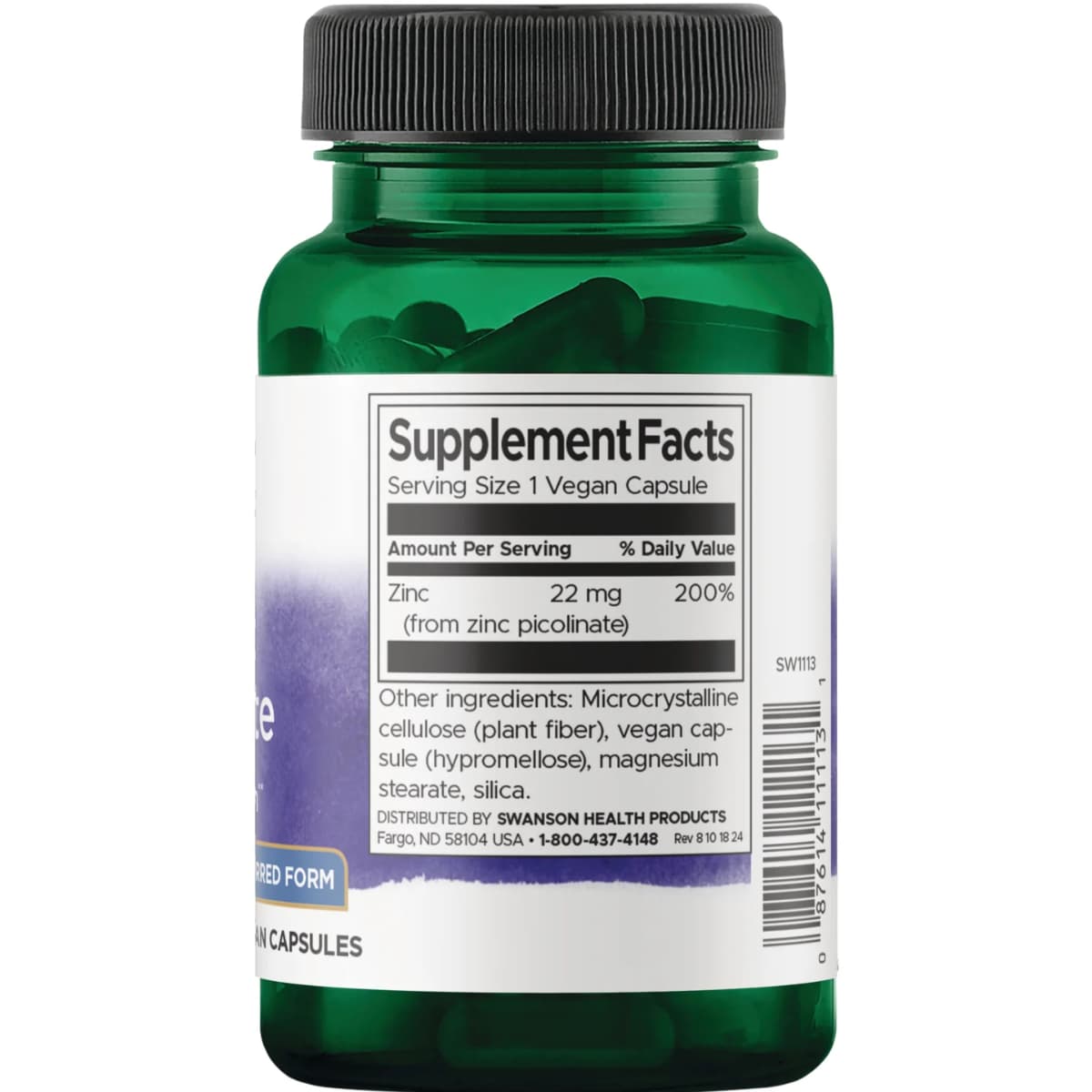 Tabla nutricional del suplemento Swanson Picolinato de Zinc 60 cápsulas