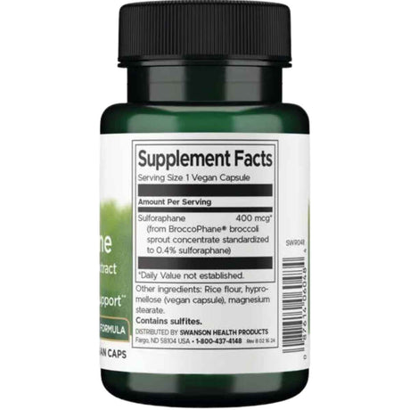 Tabla nutricional del suplemento Swanson Sulforafano de Extracto de Brotes de Brócoli 60 Cápsulas Veganas