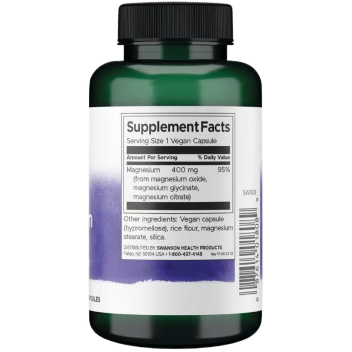 Tabla nutricional del suplemento Swanson Triple Magnesio 100 cápsulas