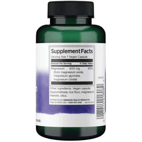 Tabla nutricional del suplemento Swanson Triple Magnesio 100 cápsulas