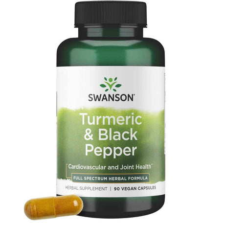 Frasco de Swanson Turmeric & Black Pepper cúrcuma con pimienta negra, presentación de 90 cápsulas veganas