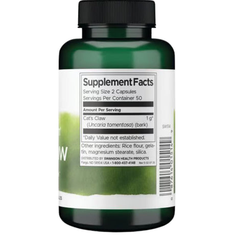 Tabla nutricional del suplemento Swanson Uña de Gato 500 mg 100 cápsulas