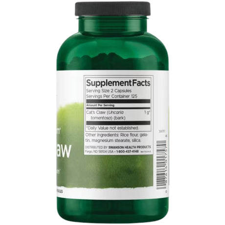 Tabla nutricional del suplemento Swanson Uña de Gato 500 mg 250 cápsulas
