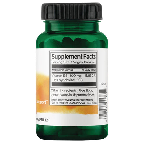 Etiqueta del frasco de Swanson Vitamina B6 Piridoxina 100 mg con información de ingredientes y suplemento