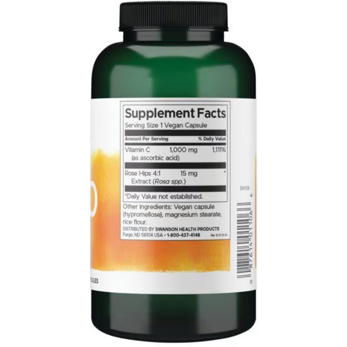 Tabla nutricional del suplemento Swanson Vitamina C con Rosa Mosqueta (1000 mg) 250 cápsulas veganas