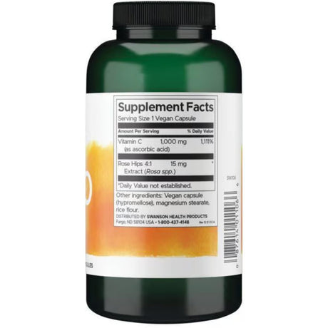 Tabla nutricional del suplemento Swanson Vitamina C con Rosa Mosqueta (1000 mg) 250 cápsulas veganas