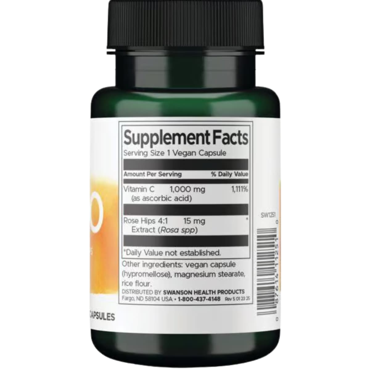 Tabla nutricional del suplemento Swanson Vitamina C con Rosa Mosqueta (1000 mg) 30 cápsulas veganas