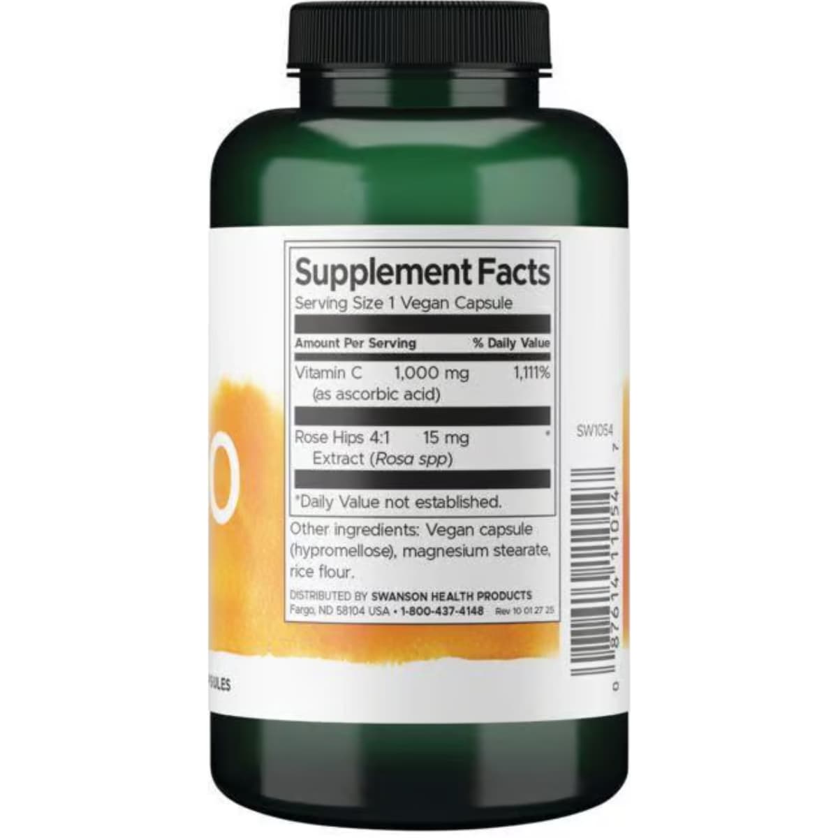 Tabla nutricional del suplemento Swanson Vitamina C con Rosa Mosqueta (1000 mg) 90 cápsulas veganas