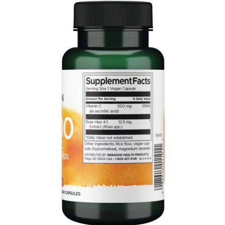 Tabla nutricional del suplemento Swanson Vitamina C con Rosa Mosqueta 500 mg 100 cápsulas