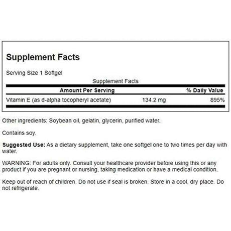 Tabla nutricional del suplemento Swanson Vitamina E 100 cápsulas blandas