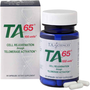 Caja y frasco de T.A. Sciences TA-65 100 units de 30 cápsulas