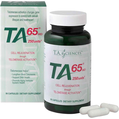 Caja y frasco de T.A. Sciences TA-65 MD 250 units de 90 cápsulas