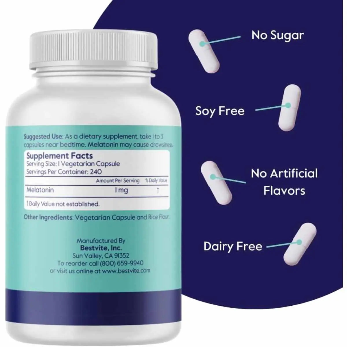 Bestvite Melatonina - 1 mg - 240 Cápsulas Vegetales - 240 Porciones - Tabla Nutricional - Haz Tu Pedido 