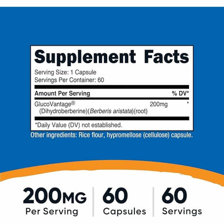 Nutricost Dihidroberberina 200 mg - Información nutricional completa y cantidad por porción.