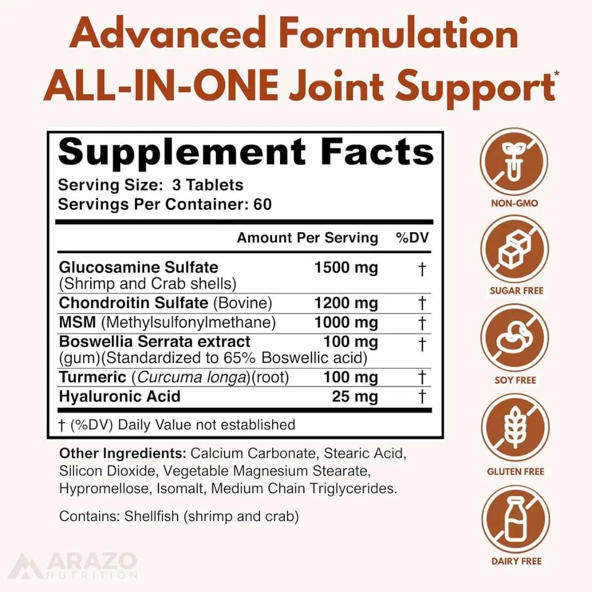 Tabla nutricional de Glucosamina, Condroitina y MSM - 180 cápsulas por envase