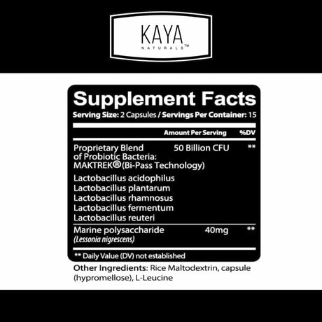 Cepas y nutrientes del Probiótico Kaya Naturals 50 Mil Millones - 15 Porciones