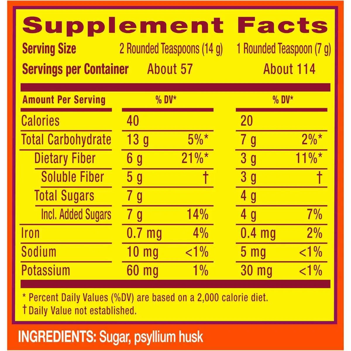 Tabla nutricional de Metamucil - 796 gramos y 57 porciones de fibra de psyllium”