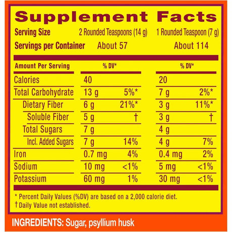 Tabla nutricional de Metamucil - 796 gramos y 57 porciones de fibra de psyllium”