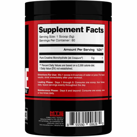 MTS Nutrition creatina monohidrato en polvo - 400 g - 80 Servicios -Tabla Nutricional - Haz Tu Pedido
