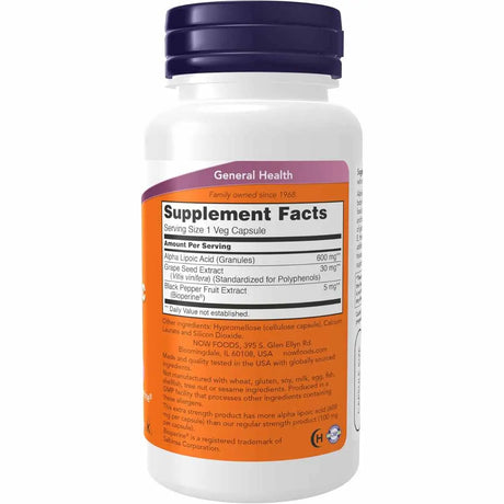 Información nutricional NOW Foods Ácido Alfa Lipoico - 600 mg por cápsula, 60 cápsulas vegetales