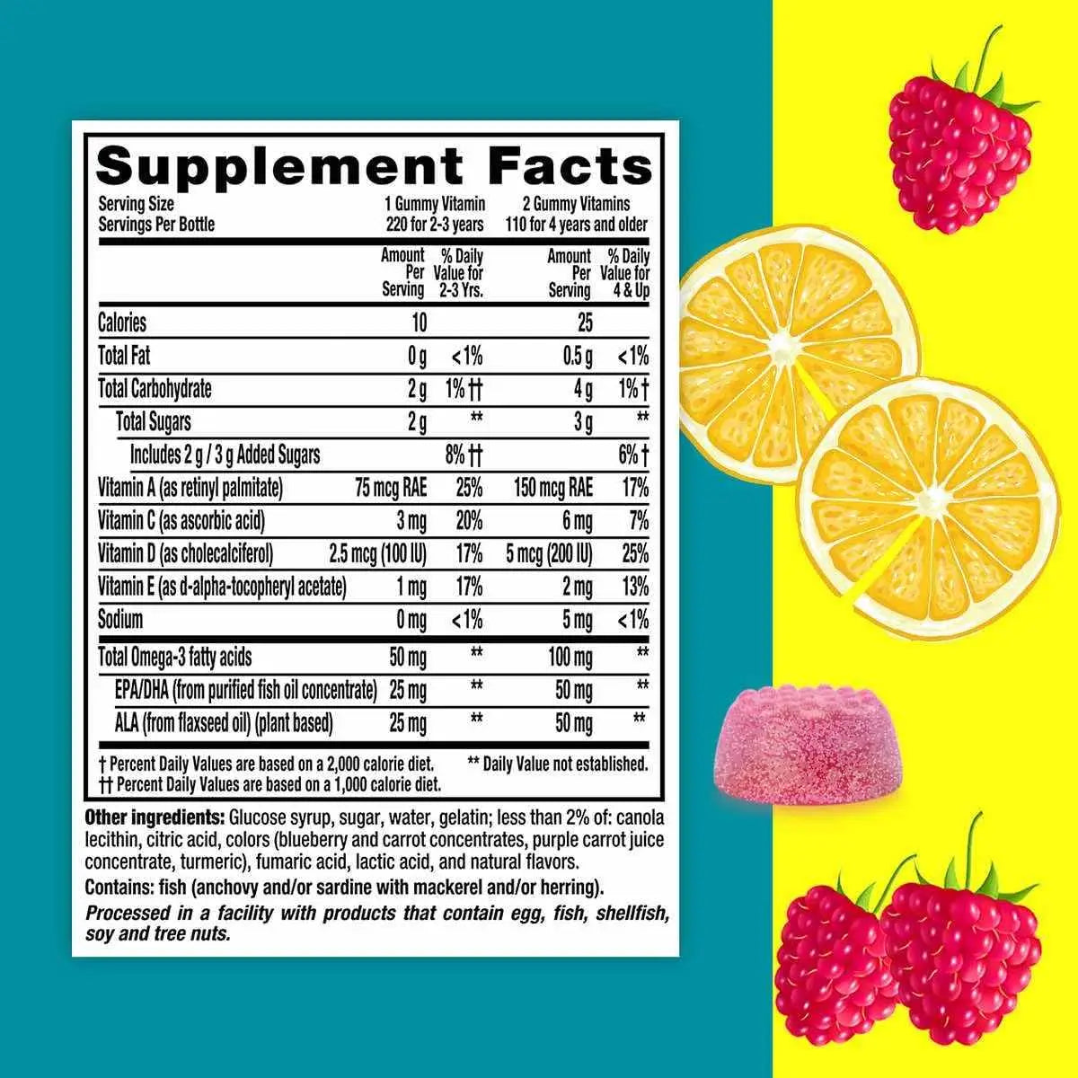 Tabla nutricional de Lil Critters Omega 3 EPA DHA - 220 gomitas, porción diaria recomendada según la edad