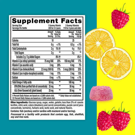 Tabla nutricional de Lil Critters Omega 3 EPA DHA - 220 gomitas, porción diaria recomendada según la edad