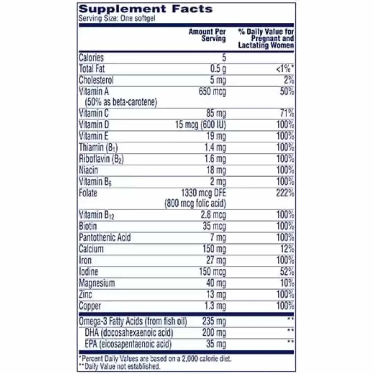 Tabla nutricional de One a Day Prenatal - Vitaminas y minerales por cápsula diaria.
