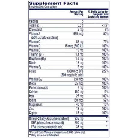 Tabla nutricional de One a Day Prenatal - Vitaminas y minerales por cápsula diaria.