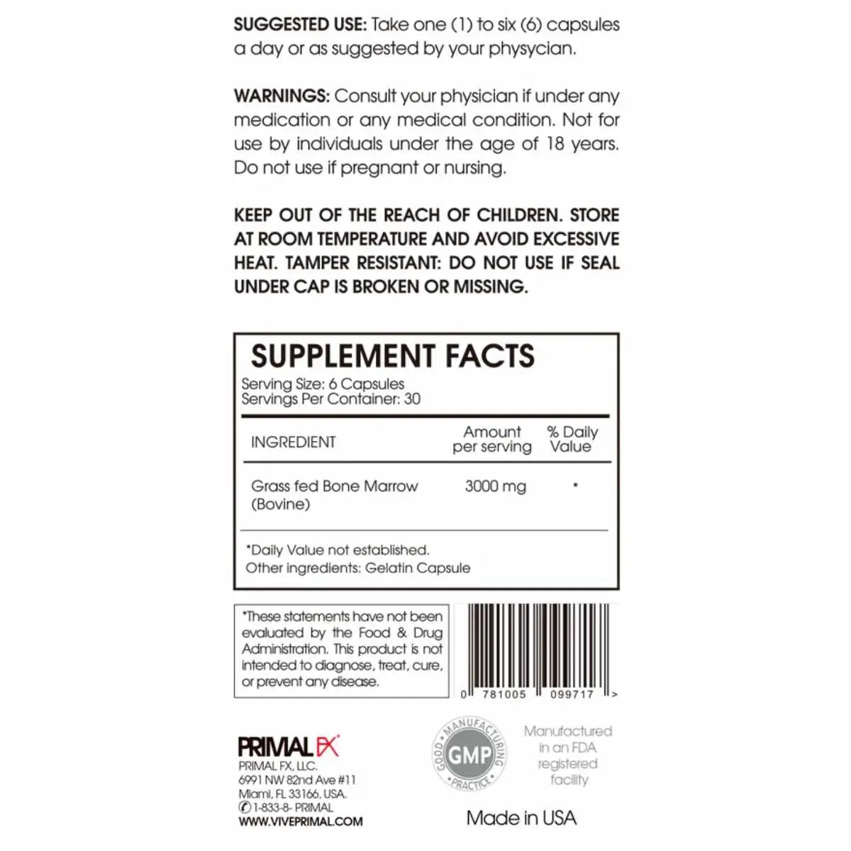 Información nutricional de PrimalFX Bone - Ingredientes y porciones de 180 cápsulas para soporte óseo y estructural.