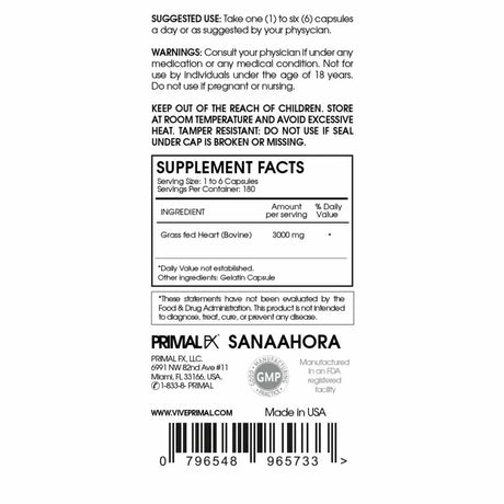 Información nutricional de PrimalFX Heart - Ingredientes y porciones de 180 cápsulas para fortalecer el corazón.