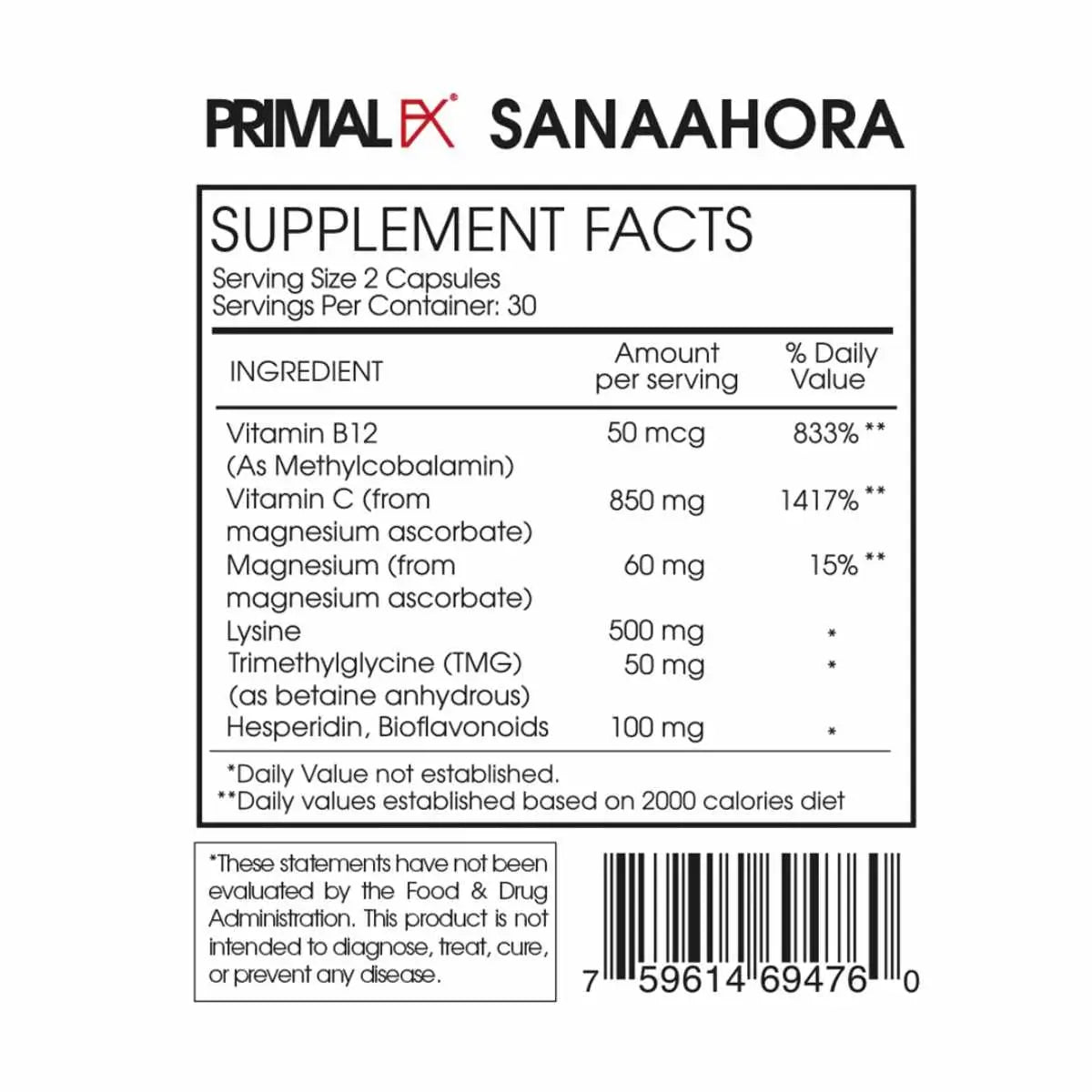Información nutricional de PrimalFX Vitamina C + Activo B 850 mg - Ingredientes detallados y porciones de 60 cápsulas.
