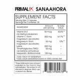 Información nutricional de PrimalFX Vitamina C + Activo B 850 mg - Ingredientes detallados y porciones de 60 cápsulas.
