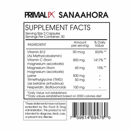 Información nutricional de PrimalFX Vitamina C + Activo B 850 mg - Ingredientes detallados y porciones de 60 cápsulas.
